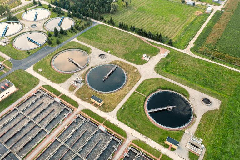Urban river water treatment, water filtration and purification, top view of the treatment plant
